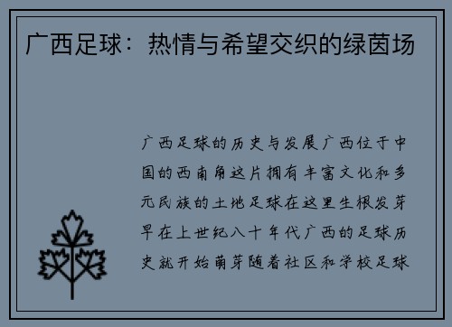广西足球：热情与希望交织的绿茵场