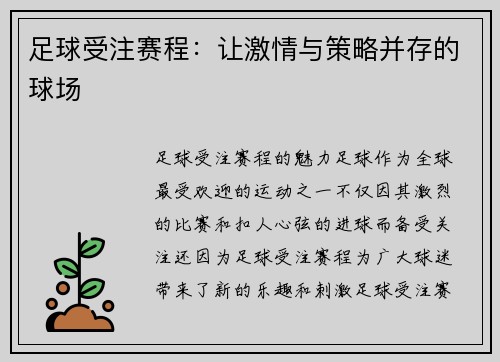 足球受注赛程：让激情与策略并存的球场