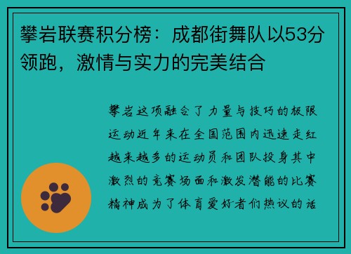 攀岩联赛积分榜：成都街舞队以53分领跑，激情与实力的完美结合