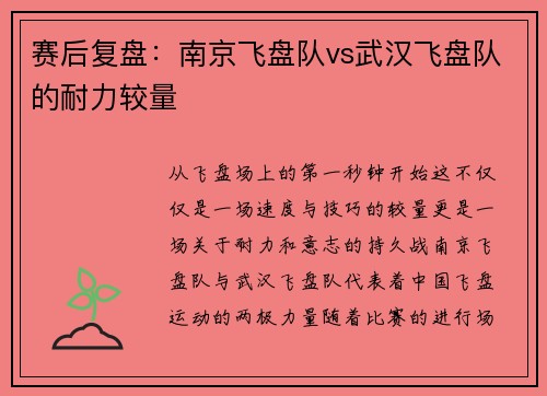 赛后复盘：南京飞盘队vs武汉飞盘队的耐力较量