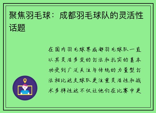 聚焦羽毛球：成都羽毛球队的灵活性话题